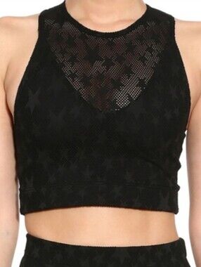 Adam Selman Black Mesh Star Print Sheer Racerback Stretch Sports Bra Crop Top